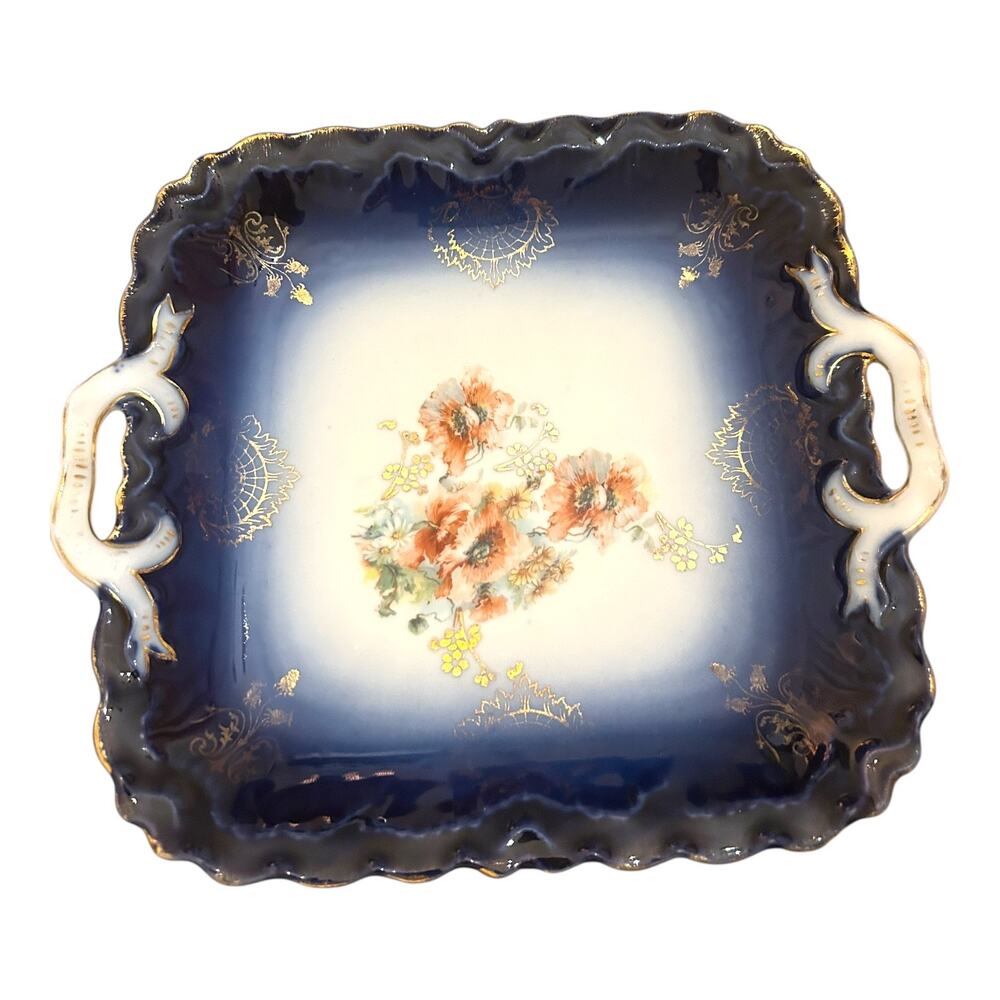 Vintage PM Bavaria Handled Square Cobalt Plate Floral Center Design Gorgeous